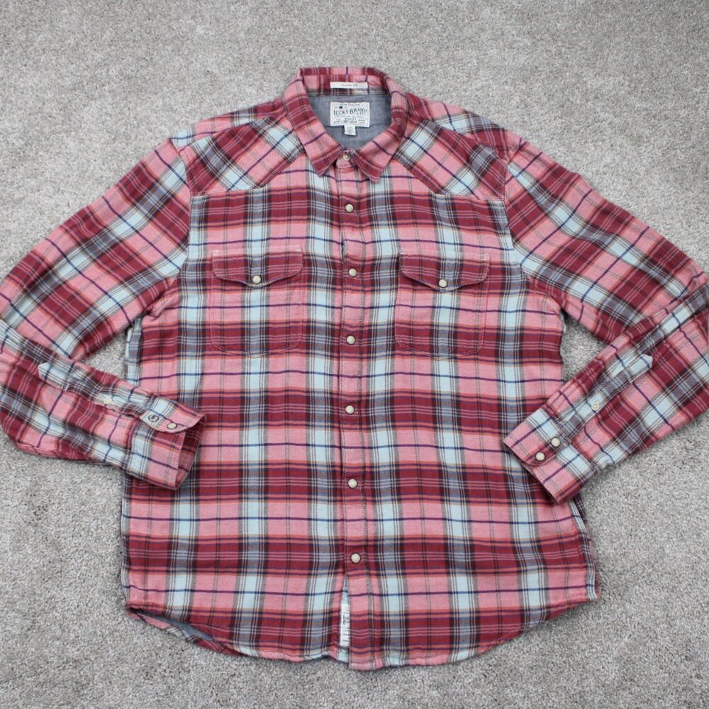 Lucky Brand‎ Flannel Shirt Adult Large Red/Blue Pearl Snap Classic Fit Cotton